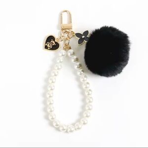 Black Pom Pom pom-pom, Pearl Loop with Heart and Flower Charms